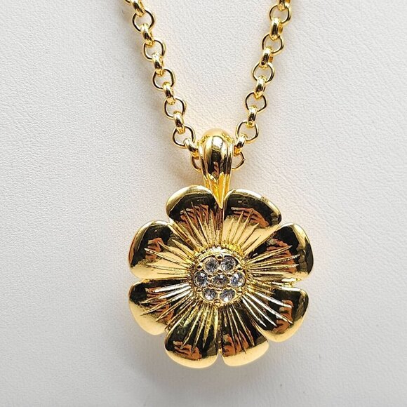 Joan Rivers Gold Tone Flower Pendant Necklace With Clear Rhinestones Dahlia - Picture 3 of 5